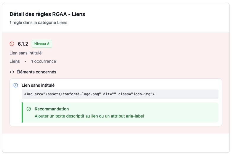 Exemple de recommandation Conformi avec règle RGAA et correctif proposé